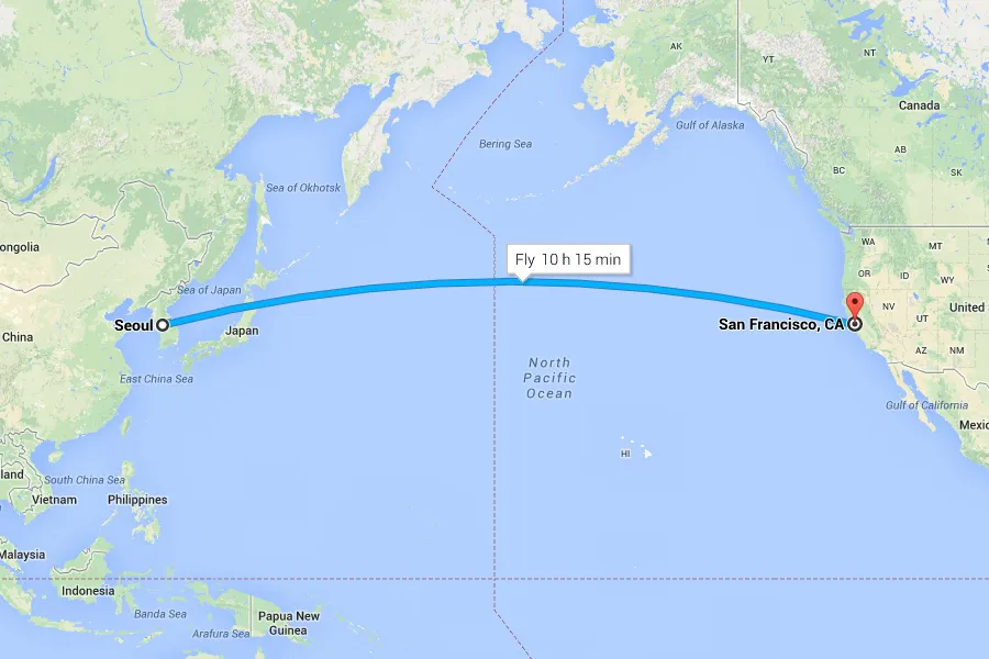 Distance between South Korea and the United States