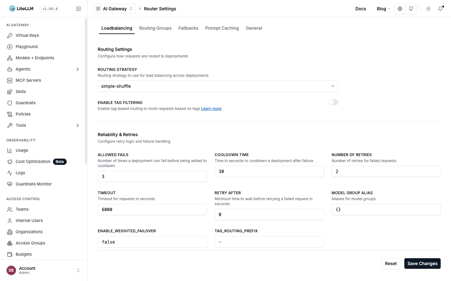 Router Settings screen. Routing strategy simple-shuffle, allowed fails 3, cooldown 30 seconds and retries 2, filled from the router_settings in config