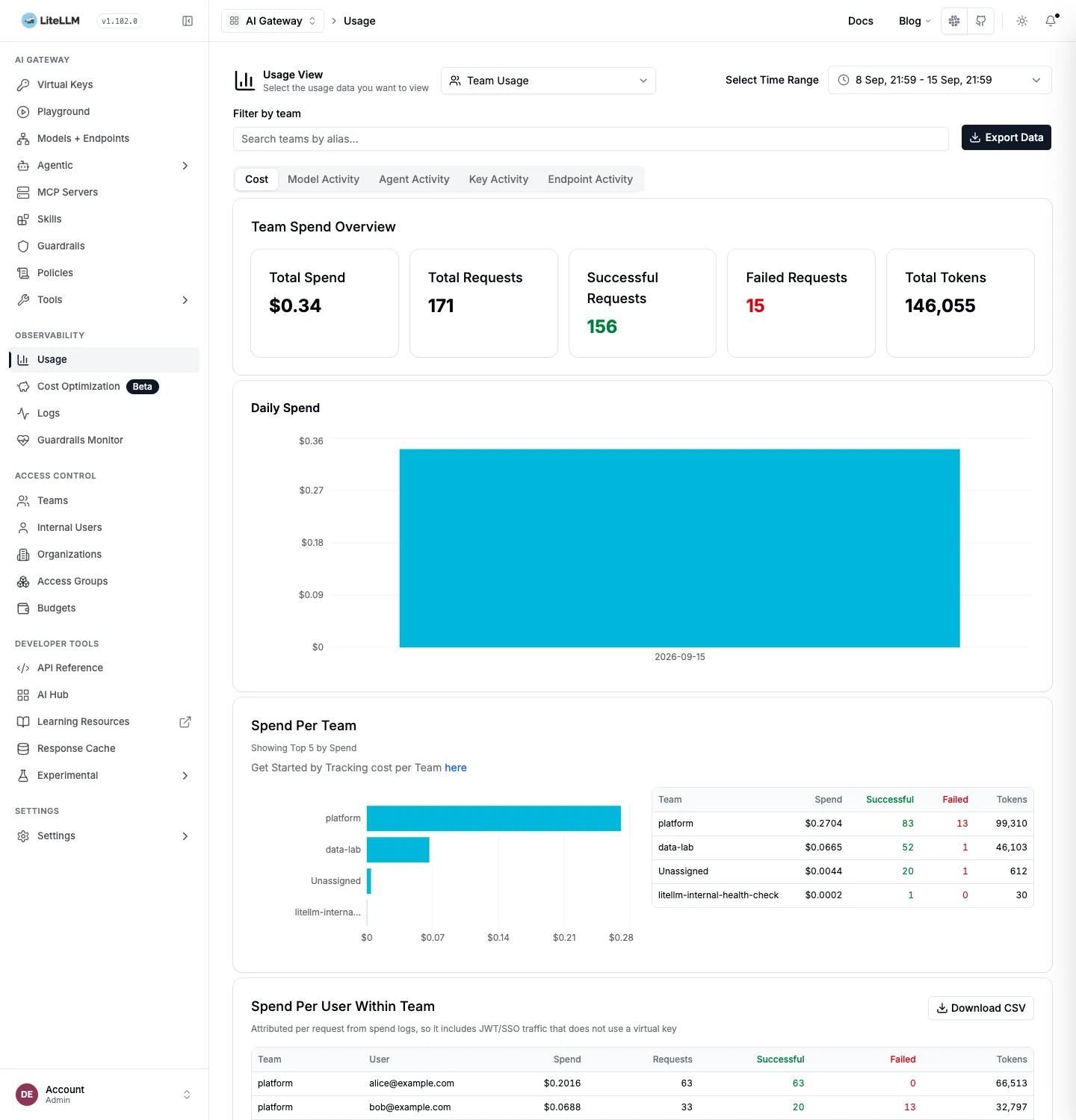 Team Usage screen. Spend bars and a table per team, and a table of spend, requests, successes, failures and tokens per user within the team