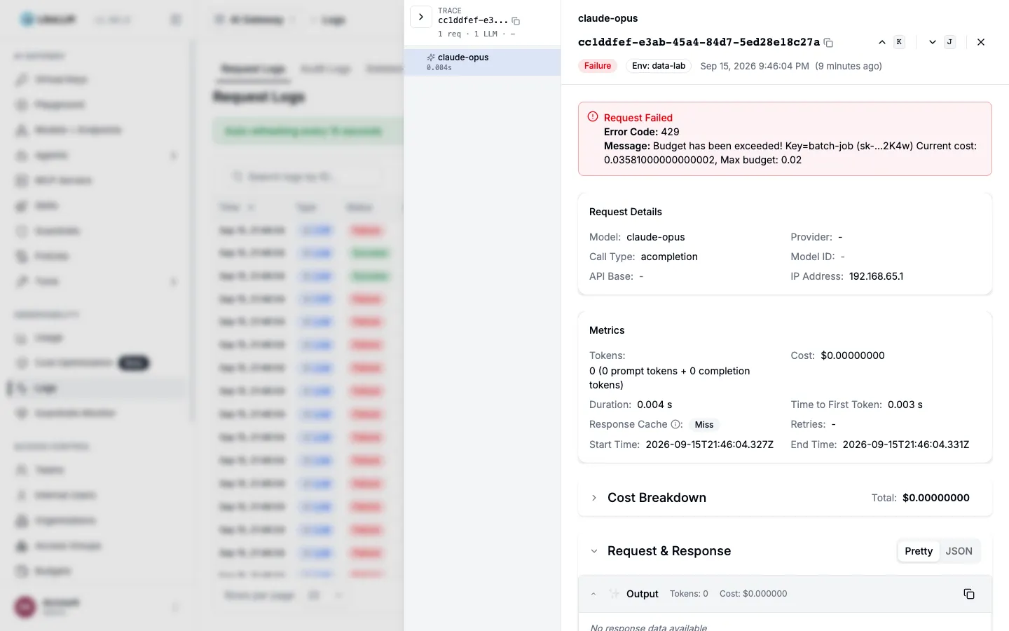 Logs detail screen. A request from the batch-job key recorded as failed with 429 Budget has been exceeded
