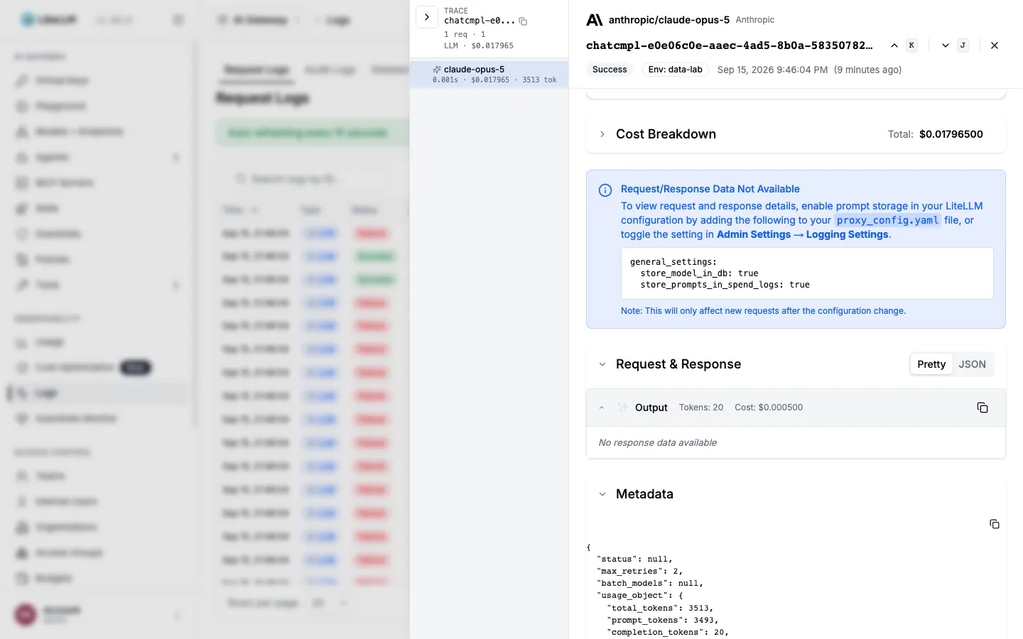 Request & Response area of the Logs detail. A Request/Response Data Not Available notice with a config example for enabling store_prompts_in_spend_logs
