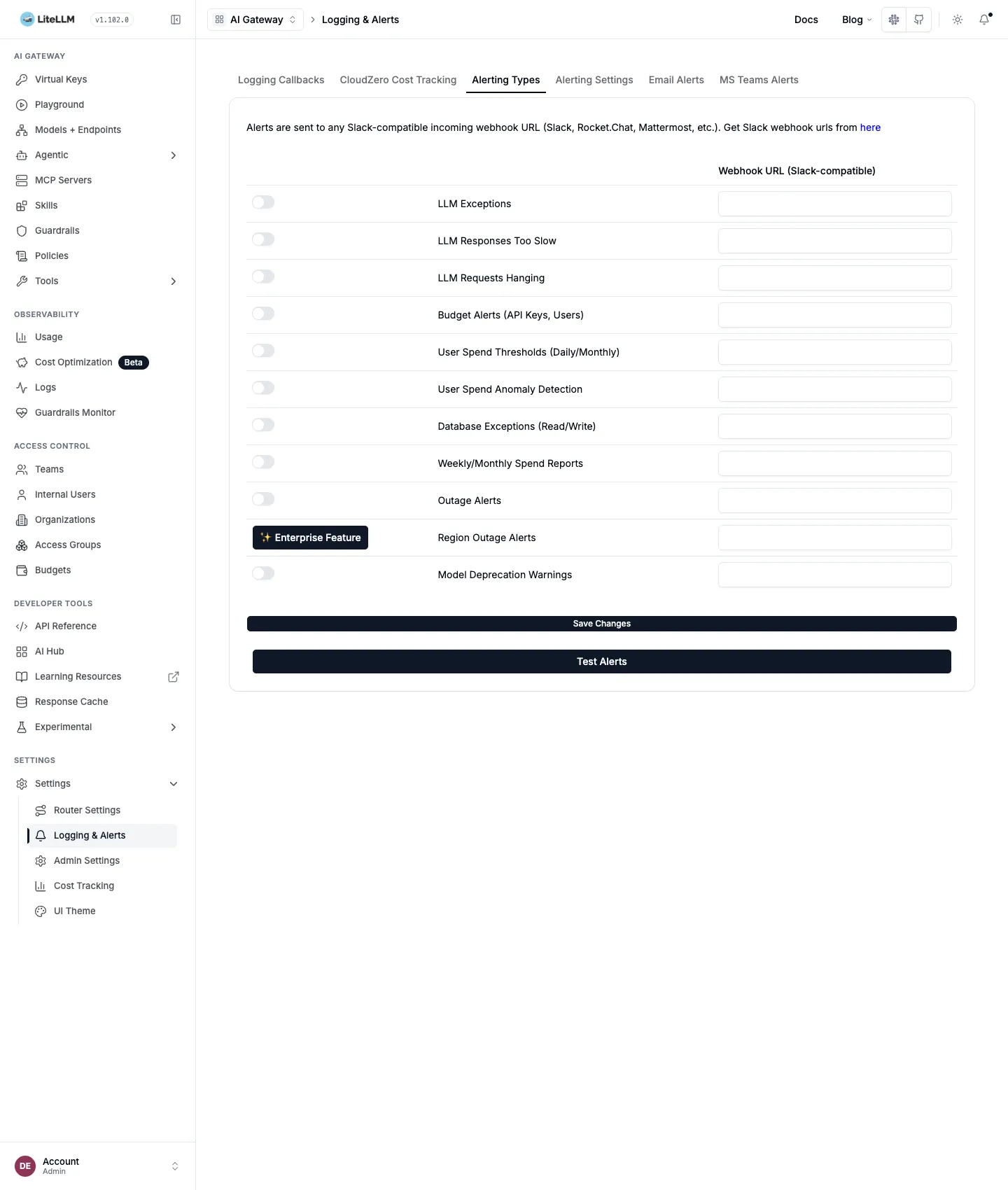 Alerting Types tab. Toggles for LLM Exceptions, Too Slow, Hanging, Budget, Spend Threshold, Anomaly, DB Exceptions, Spend Reports and Outage; only Region Outage is marked Enterprise