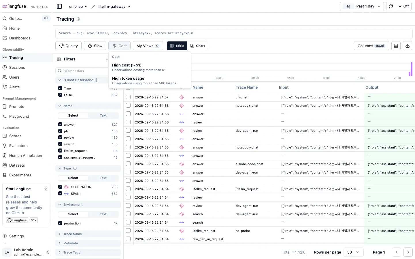 Tracing list with the Cost preset open. High cost and High token usage filters, with the observation list below