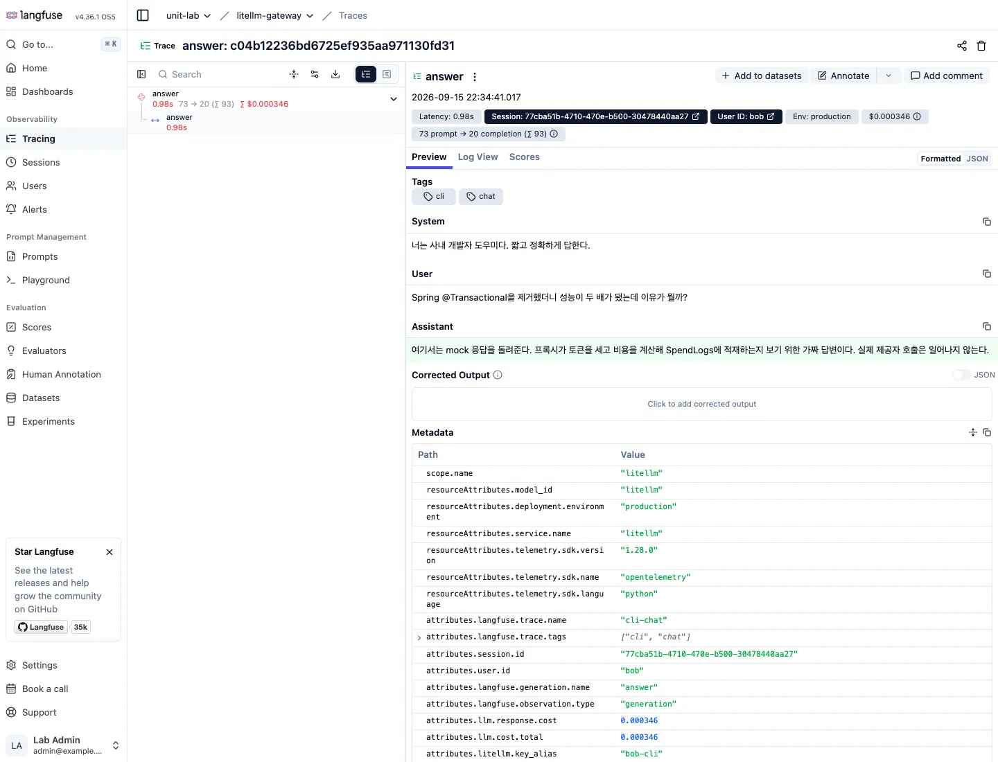 Observation detail. Latency, session, user, cost and token badges of the answer generation, tags, System, User and Assistant bodies, and a metadata table with langfuse attributes and litellm.key_alias