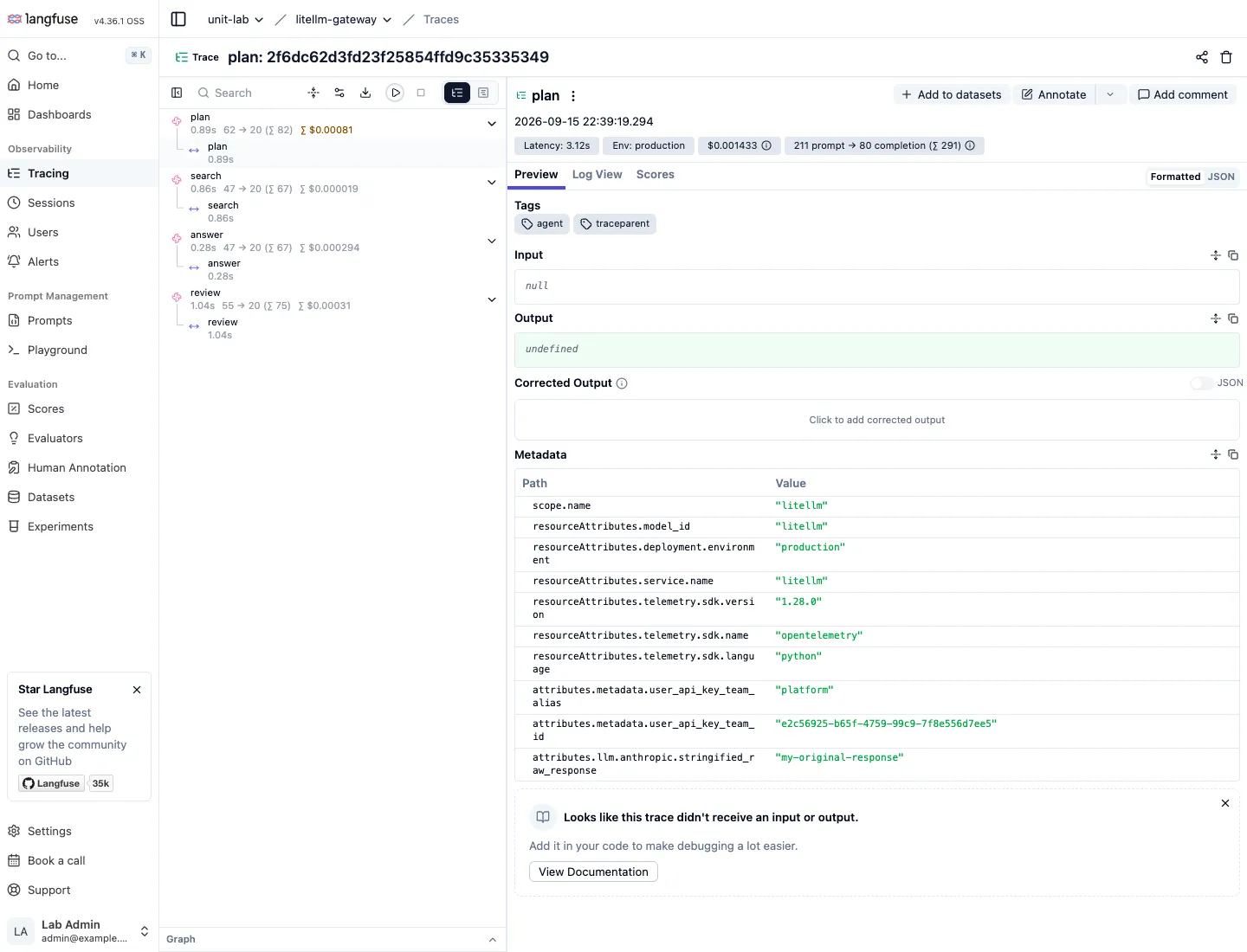 Agent trace detail. The plan → search → answer → review generations in one tree, each showing latency, tokens and cost