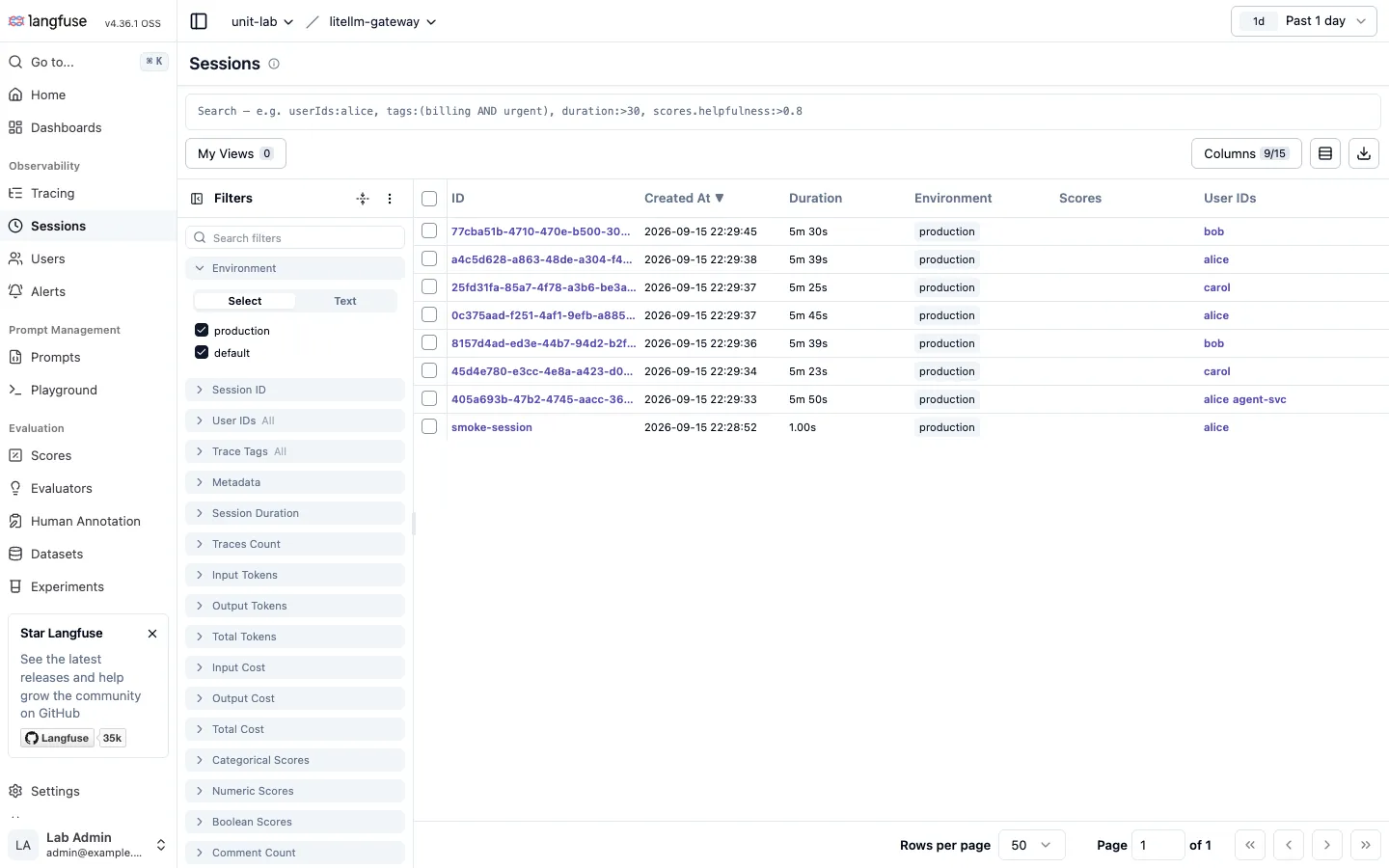 Sessions list. Columns for session ID, creation time, duration, environment, scores and user ID, with eight sessions visible