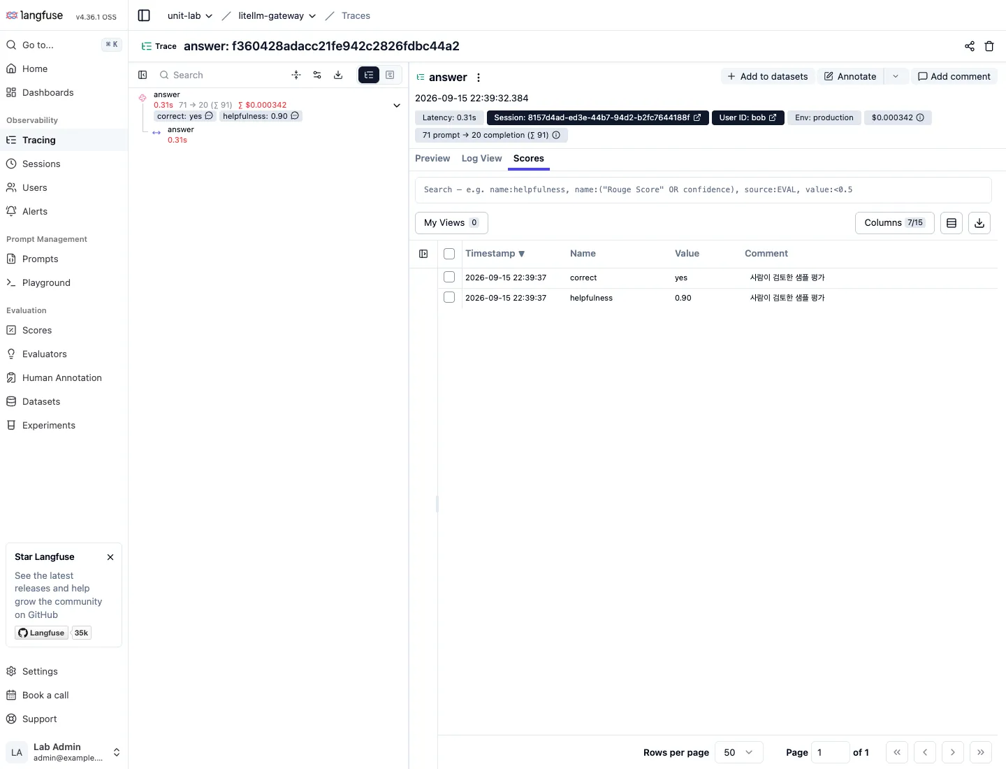 Scores tab of an observation. Two scores, correct yes and helpfulness 0.90, with a comment marking it as a human-reviewed sample