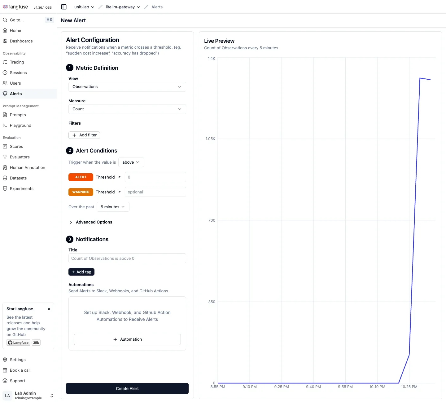 Langfuse New Alert screen. View, Measure and Filters define the metric, a threshold and window are chosen, and a preview chart sits on the right