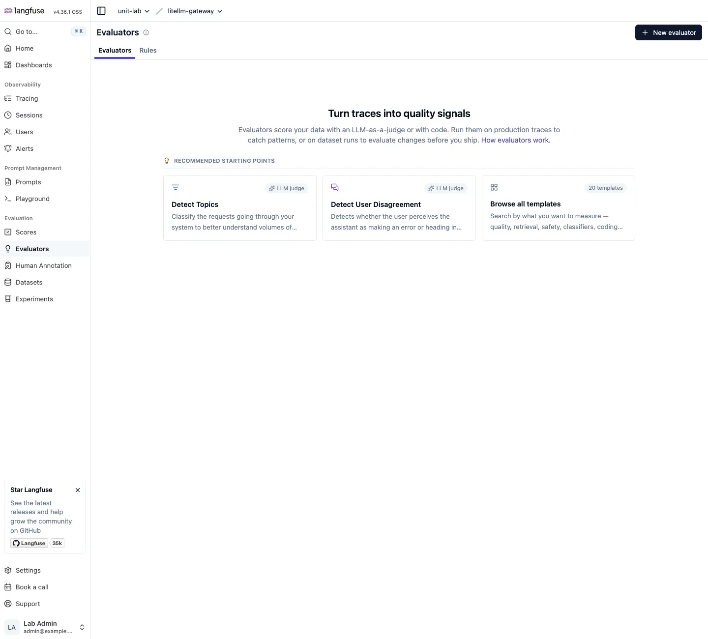 Evaluators start screen. LLM judge templates such as Detect Topics and Detect User Disagreement, with a note about the list of 20 templates