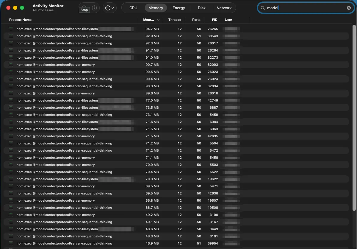 A process list where the same MCP servers appear dozens of times, differing only by PID