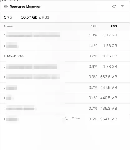 A resource manager view where per-session RSS adds up to 10.57GB